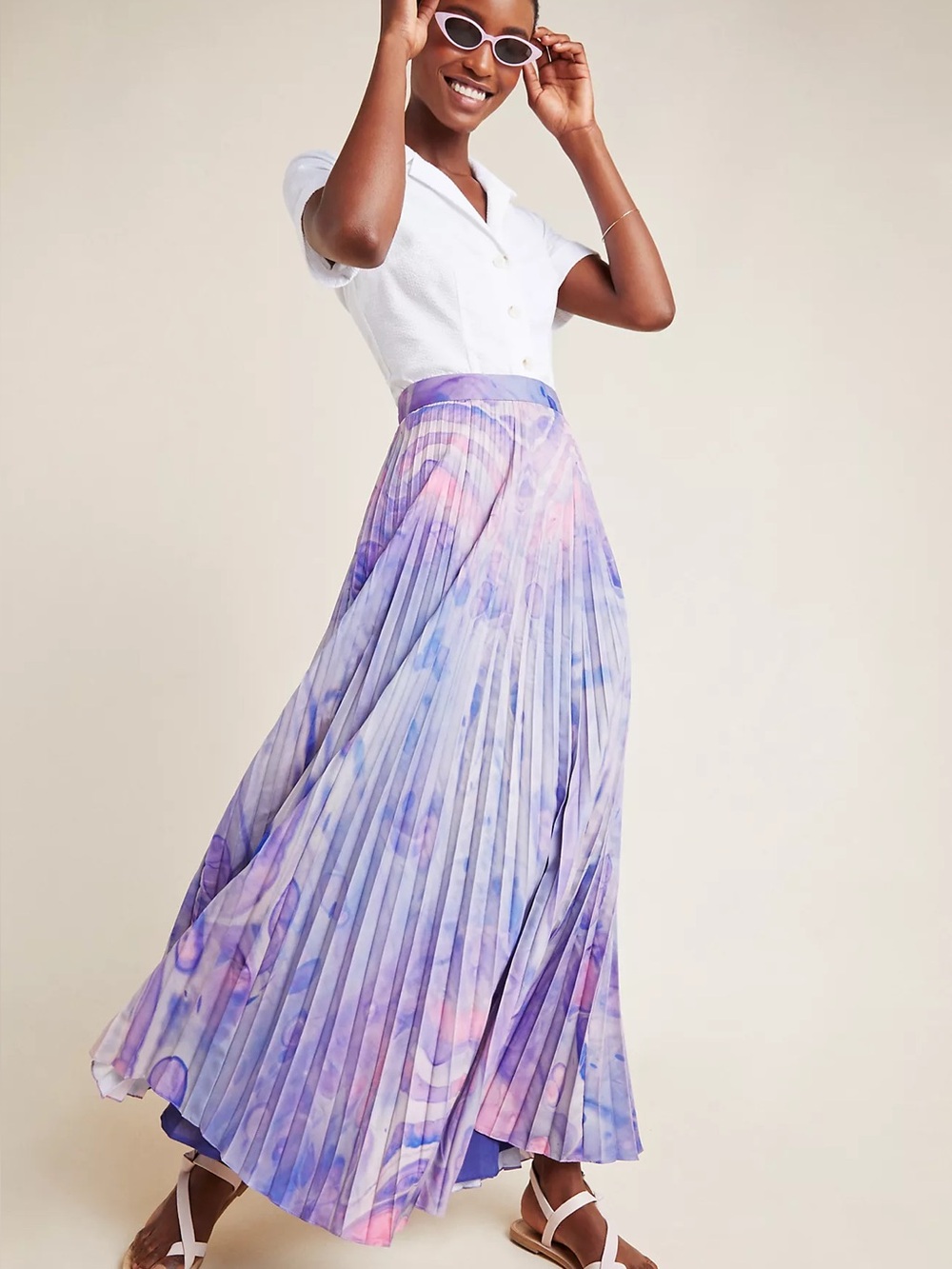 Anthropologie Pleated Maxi Skirt in Lavender, Pink and Blue Watercolor